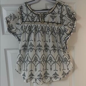 J. Crew White Blouse with Black Geometric Embroidery